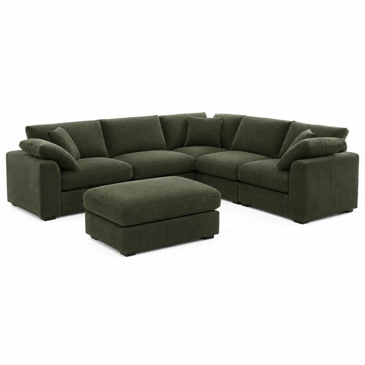 Sofa narożna z sztruksowego szenilu w kolorze zielonym, 6-osobowa