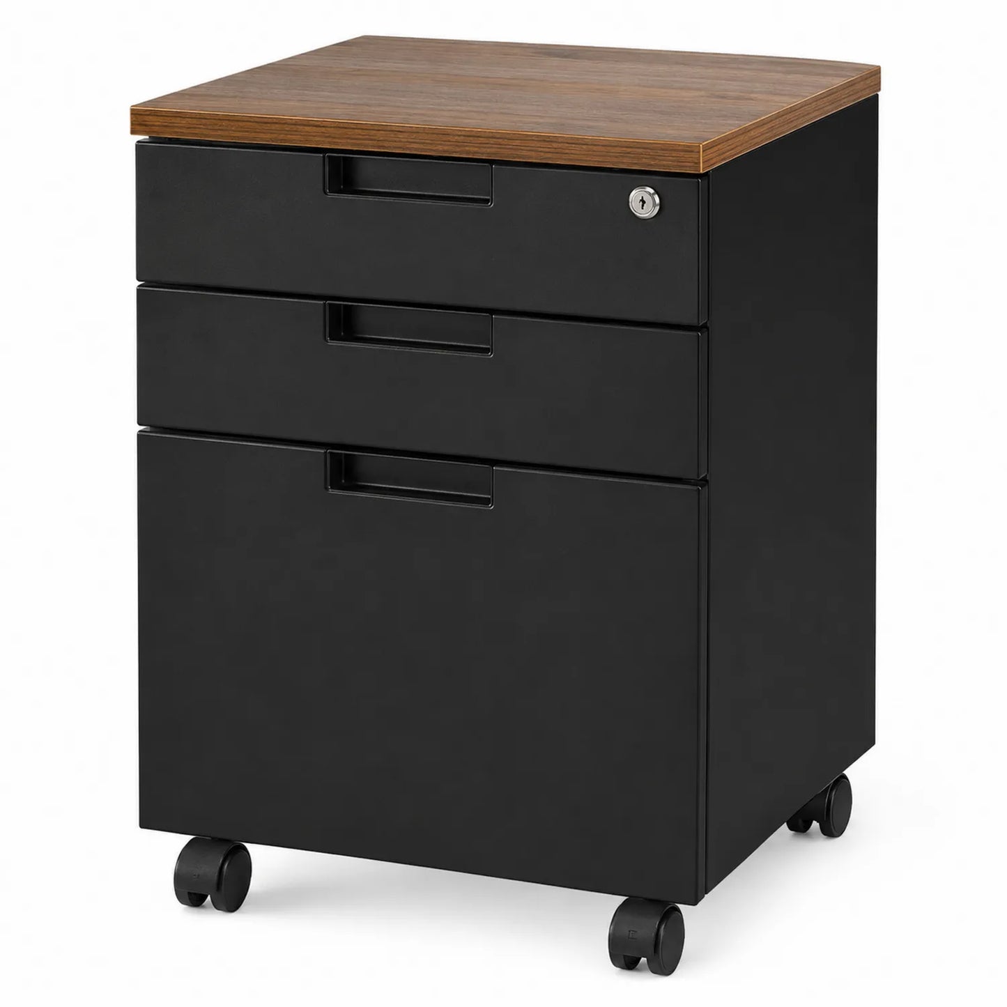 Metalowa szafka na dokumenty z 3 szufladami, drewniany wierzch, czarna