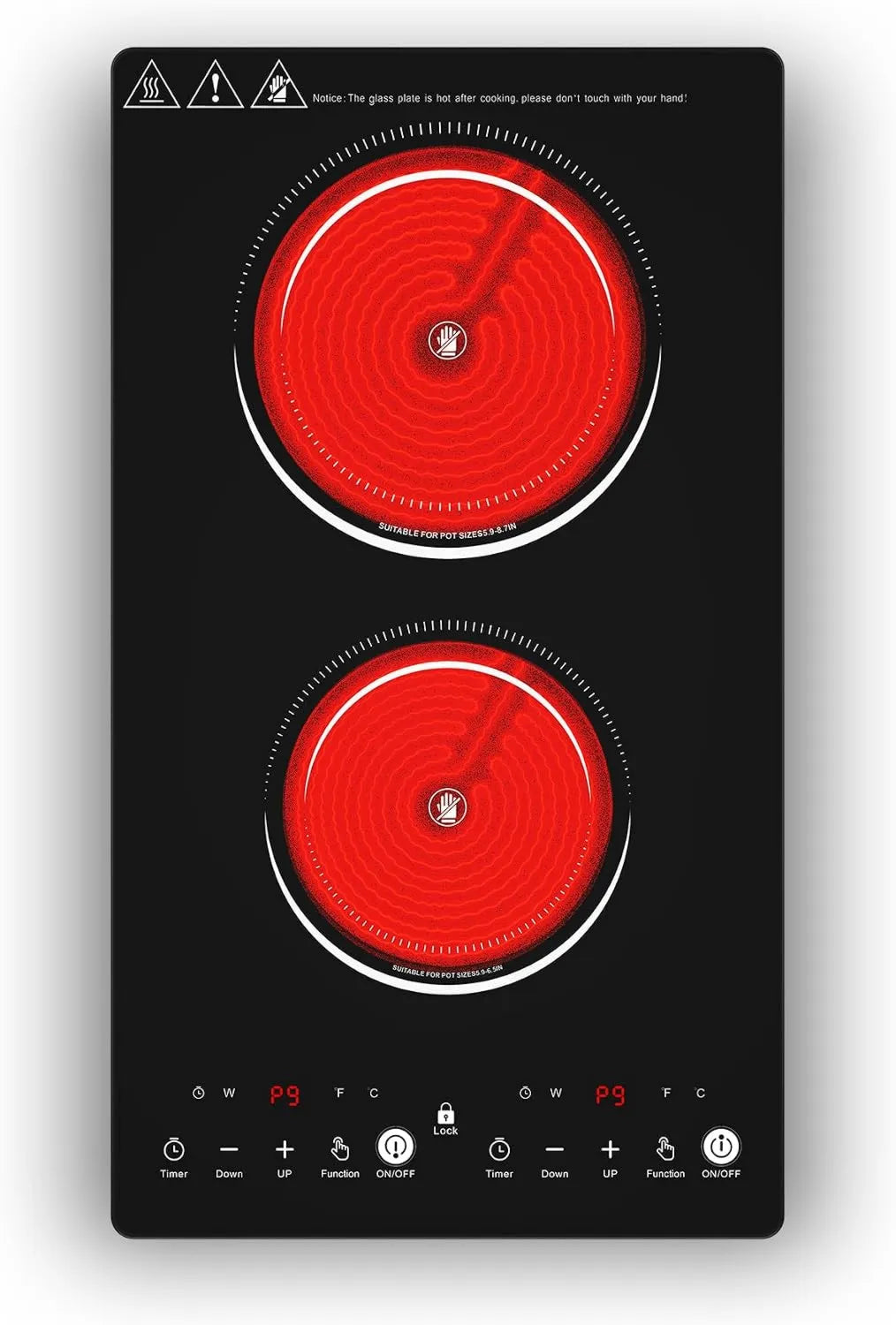 VBGK Placa de vidro cerâmico, 2 lareiras, 3000 W, 220 V, toque, temporizador, fechadura, 8 cm 2 zonas, 220V, 3000W, 9 níveis de potência, segurança
