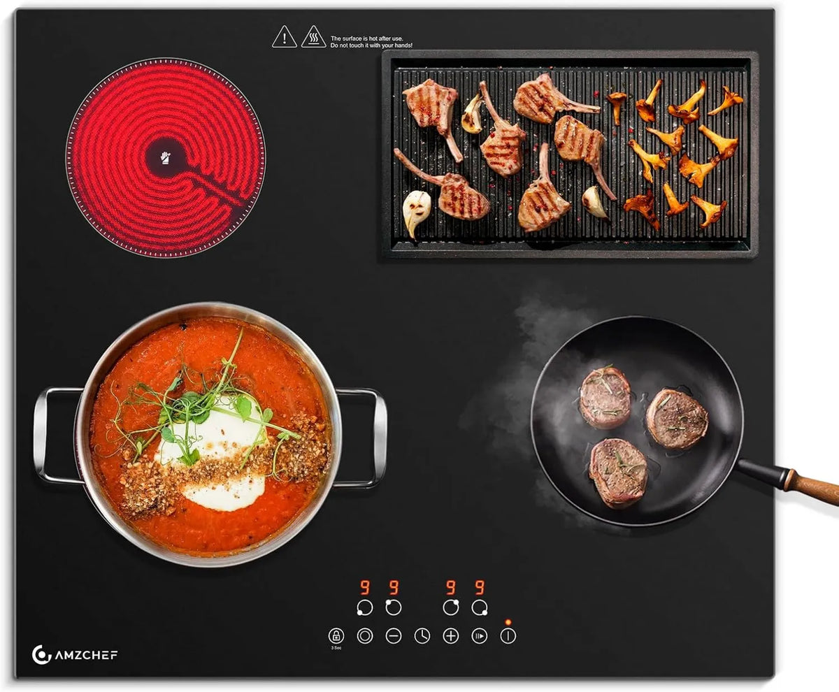 AMZCHEF Placa de vidro cerâmico, 60 cm, 4 lareiras, 7200 W, grelha, Zonas duplas, 9 Níveis de potência, função Pausa, Compatível com todo o uso de vidro cerâmico