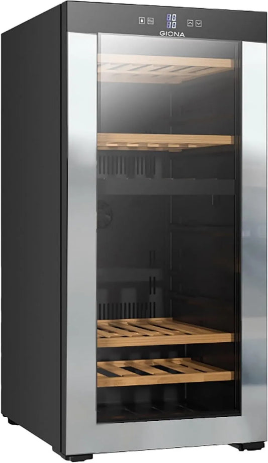 GIONA CVG66CF adega elétrica, 66 garrafas, classe energética G, 2 zonas de temperatura, 4 argilas de madeira, zona dupla, ventilado a frio