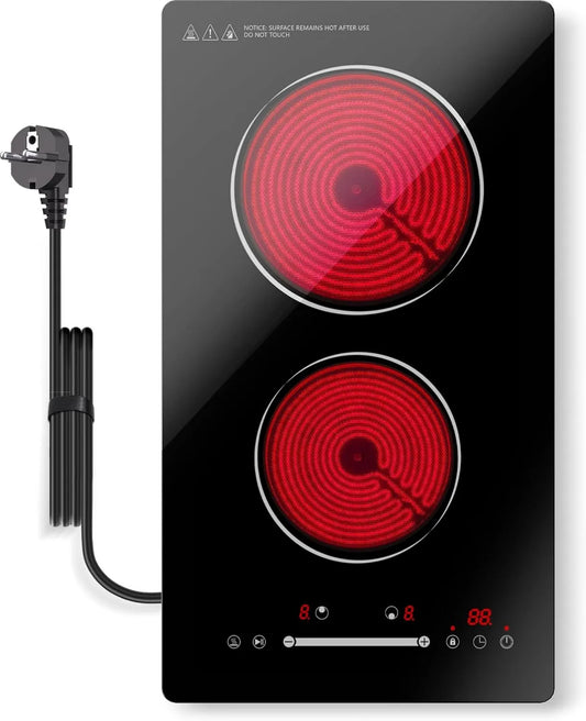 GRACEALL Placa de vidro cerâmico, 30cm, 2 lareiras, 3000W, toque, placa vitrocerâmica 2 Lâmpadas 3000W 30cm com comando tátil