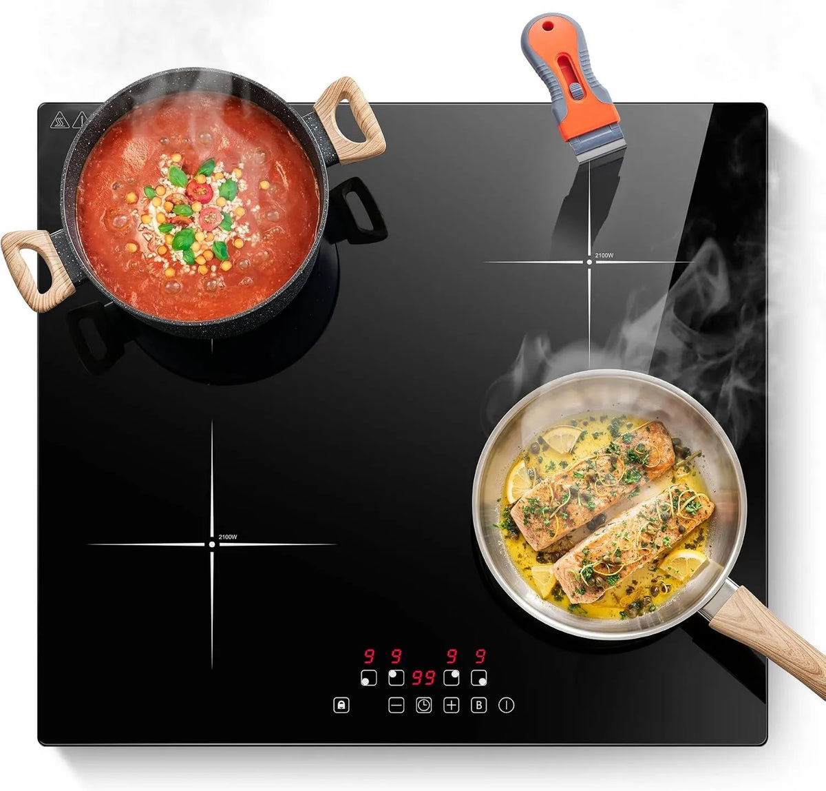 SNDOAS Utensílio de cozinha, 60cm, 4 lareiras, 7000W, encastrado, Boost, toque, temporizador, 9 Níveis, 7000W, detecção de casserole, Raclette de limpeza