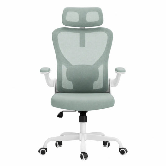 Fotel biurowy ergonomiczny z siatki w kolorze mięty z białą ramą