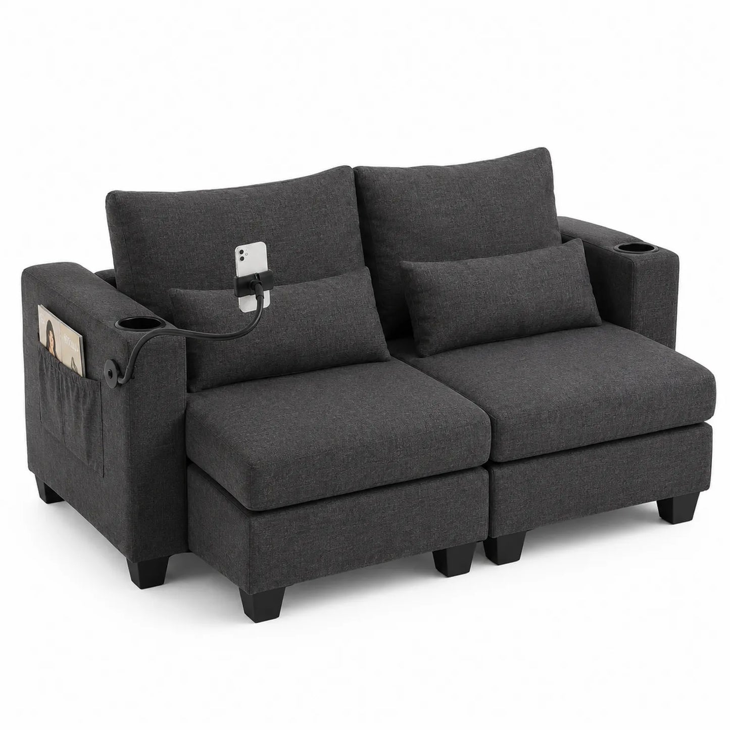 Dwuosobowa Sofa z Uchwytami na Kubki i Uchwyt na Telefon Antracytowa