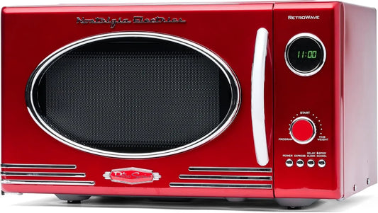 Nostalgia Microondas, 25, 4 L, vermelho, 12 configurações de cozinha pré-definida, grandes 800 Watts, aparelhos de cozinha