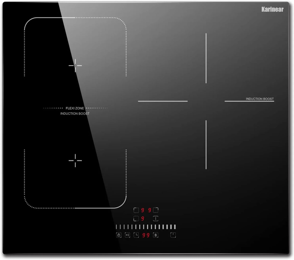 Karinear Placa de indução, 60CM, 3 lareiras, 6800 W, 220 V, mesa de indução de cozinha, área flexível, Boost, toque, travamento, recesso, temporizador