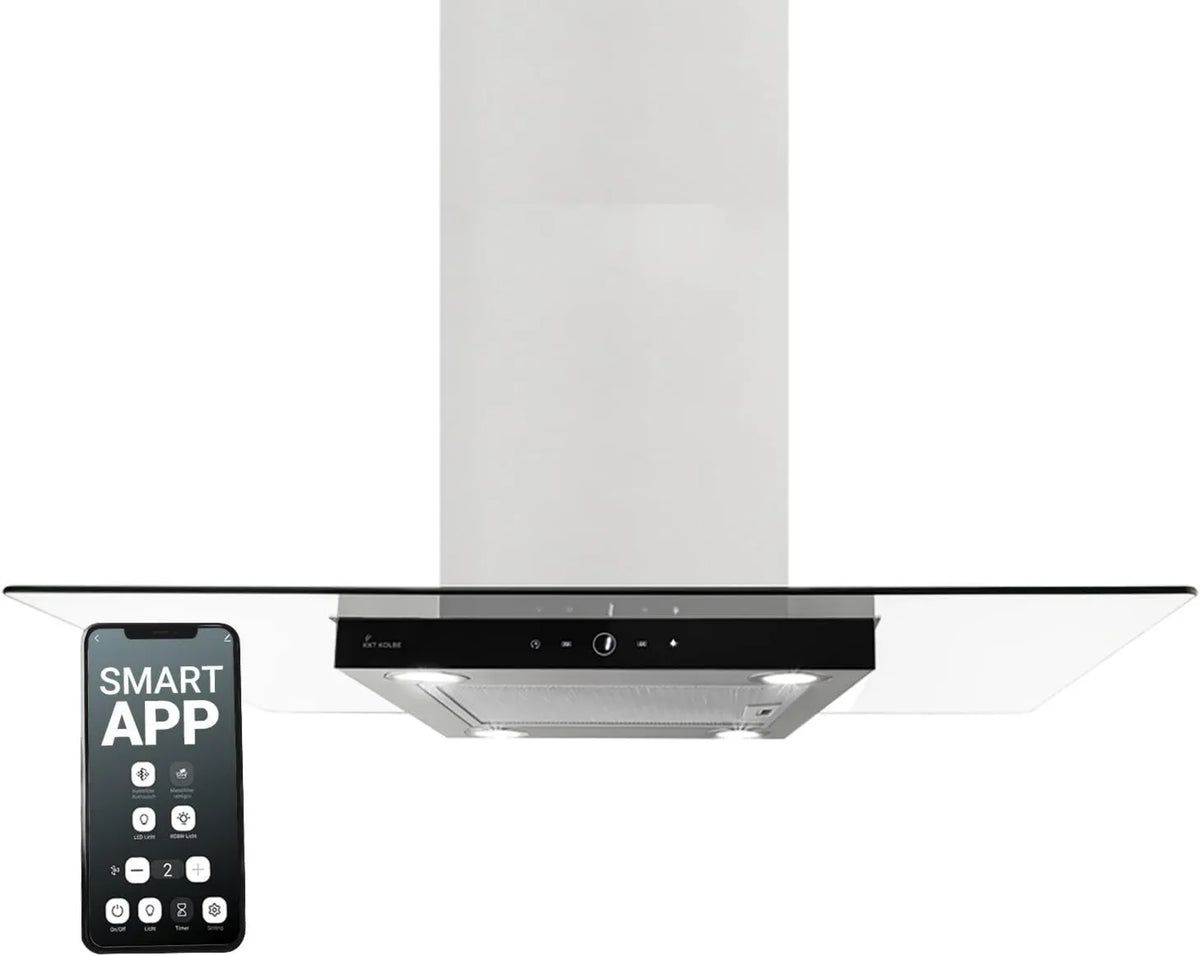 KKT KOLBE exaustor, 90 cm, capa de cozinha, toque, Wi-Fi, aço inoxidável, preto, MULTI-INSEL-HC, WiFi, Îlot exaustor, vidro preto, parar automaticamente