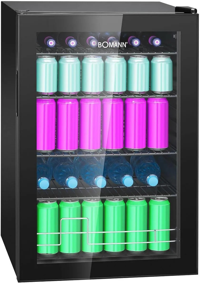 Bomann Frigorífico, 115 L, iluminação LED, preto, 4 prateleiras de cabo, +3 a +18 °C controlo, porta de vidro duplo, refrigerantes e cerveja