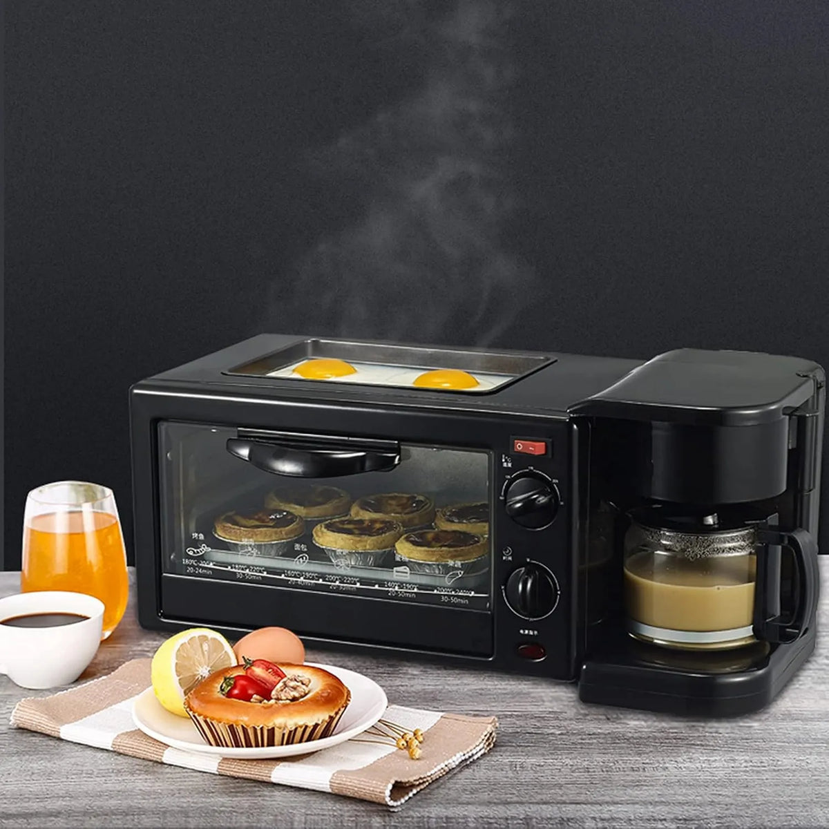 xSDAJSD Forno elétrico, grelha, 3 em 1 tamanho familiar contador de café da manhã retro elétrico, máquina de café, frigideira
