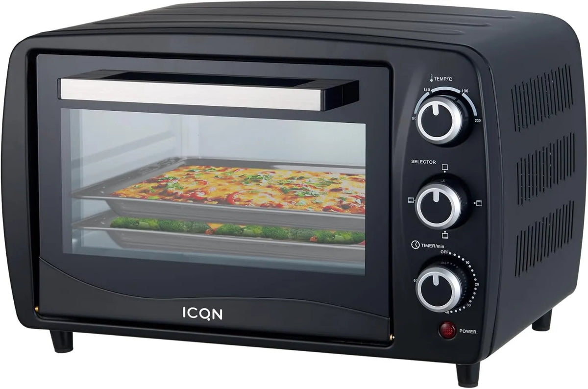 ICQN Forno elétrico, 15 L, 200 W, 3 programas, 90 a 230 °C, temporizador, camping, garantia 2 anos, temporizador 60 minutos, 3 funções de cozinha, 1.200 W