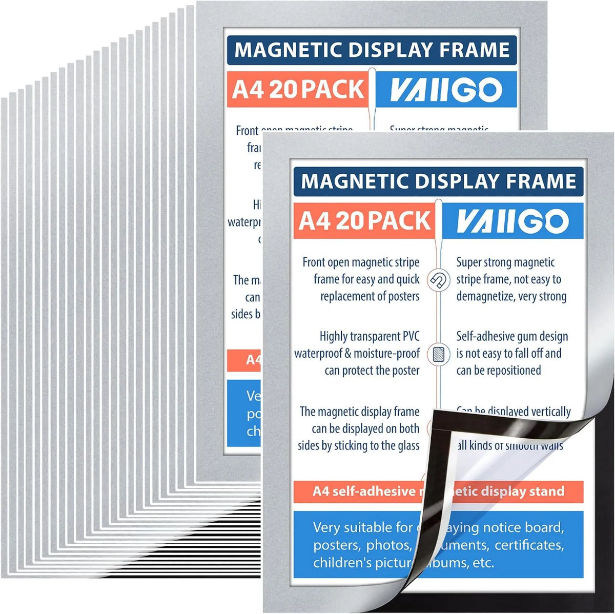 VAIIGO Frigorífico, prata, moldura magnética A4 auto-adesivo 20 peças, suporte de cartaz magnético, fechamento magnético, inserção rápida, horizontal e