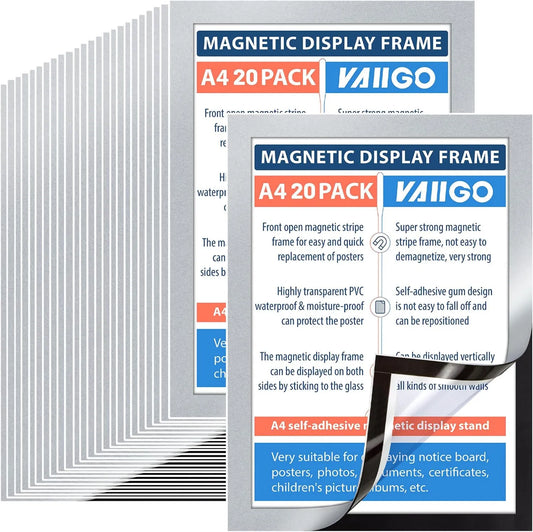 VAIIGO Frigorífico, prata, moldura magnética A4 auto-adesivo 20 peças, suporte de cartaz magnético, fechamento magnético, inserção rápida, horizontal e