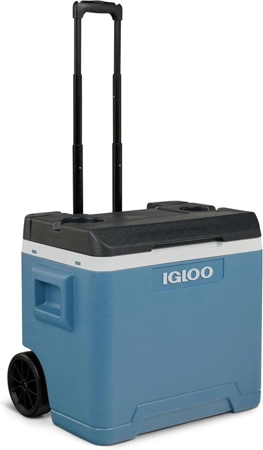 Caixa isotérmica azul gelo com rodízios e alça telescópica para Camping e Lazer, IP42 Roller Ice Glass Passivo 42L, Igloo