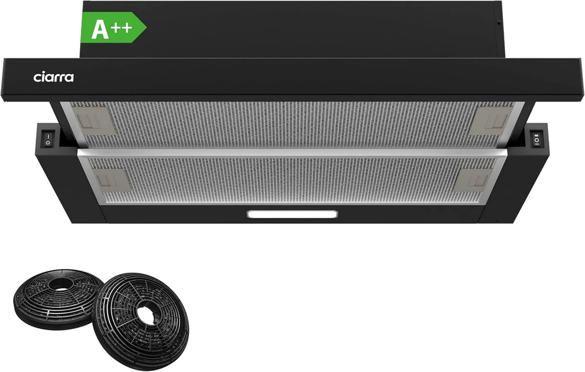 CIARRA CBCB6906D 60cm-Classe exaustor de sucção, 391 m3/h, classe energética A, exaustor de cozinha, evacuação e reciclagem, iluminação LED, preto