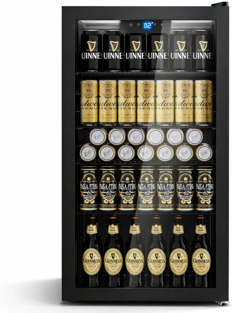 TRIUMPHKEY Frigorífico, 86 L, vidro, capacidade 130 latas, 4 prateleiras ajustável, porta encaixada, Mini Frigorífico Ideal para Bar, Escritório e Casa