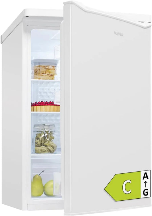 Bomann Frigorífico, 126 L, classe energética C, instalação gratuita, iluminação LED, 2 zonas de temperatura, branco, prateleiras de vidro, controlo do