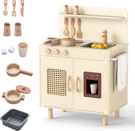 Utensílios de cozinha com forno, cozinha COSTWAY Crianças em madeira com distribuidor de gelo, jogo de imitação para 3 anos +, 11 acessórios, prateleiras e guarda-roupa e
