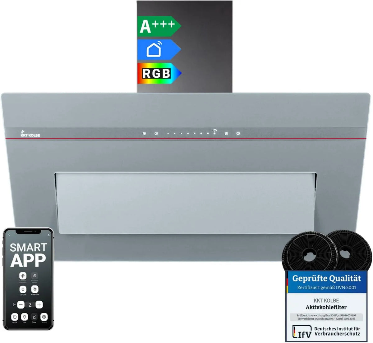 KKT KOLBE PLOOM9005G, 90 cm, 782 m3/h, capa de cozinha, inclinada, drenagem e reciclagem, iluminação LED, instalação de parede, toque, Wi-Fi