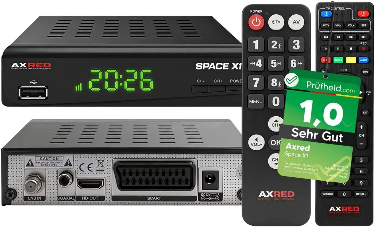 AxRED Premium technologies Receptor de satélite, Full HD, HDTV, AxRED Space x1 + Comando à distância sênior, nota 1, nota 1.0 *, TV, Teste muito bom