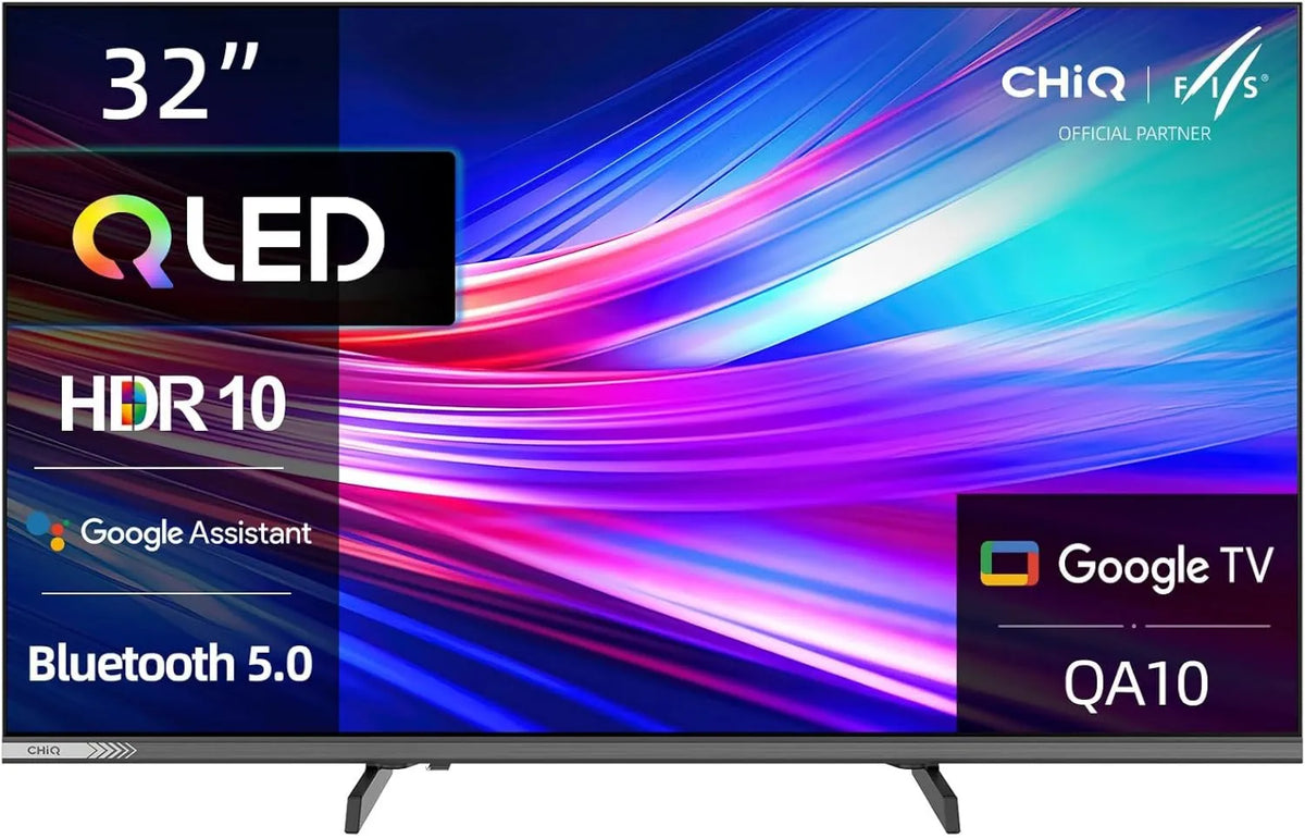 CHiQ Smart TV 32QA10, 32 polegadas, TV, QLED, HDR, som Dolby, sem moldura, Full HD, 2026 Edição, Dolby Áudio e DBx-TV, Cromadocast encastrado Novo