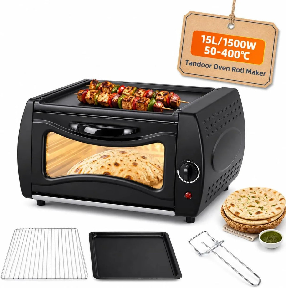 Generic Forno elétrico de pizza, 1500 W, 50 a 400 °C, grelha, para Lahmacun Manakish Naan pizza, regulação de temperatura 50-400 °C, forno elétrico Tandoor Roti