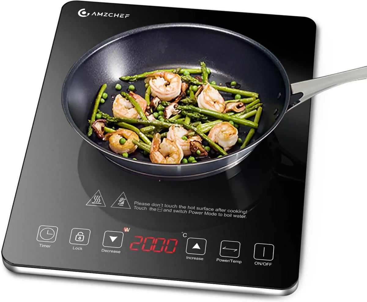 AMZCHEF Placa de indução, 2000 W, placa de cozinha de indução, travamento, temporizador, 2 zonas de temperatura, 20 níveis de temperatura e 20 configurações de