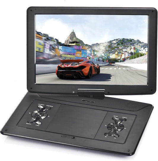 Produto 9' com grande HD ecrã giratória de 15, YOOHOO Leitor portátil de DVD de 17, Bateria recarregável integrada, Suporta todas as regiões