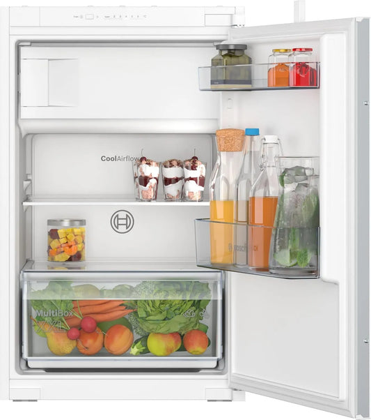 Bosch KIL2NSE0 Frigorífico, 104 L, 88 x 56 cm, iluminação LED, Série 2, encastrado, Cool Airflow, porta de alarme aberta