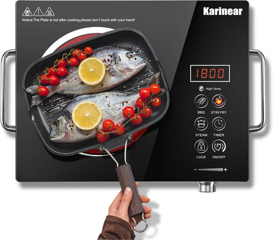 Karinear Placa de vidro cerâmico, 1 lareira, 220 V, portátil, toque, temporizador, trava, camping, 650 °C Max, 220V, com tomada, Segurança para crianças