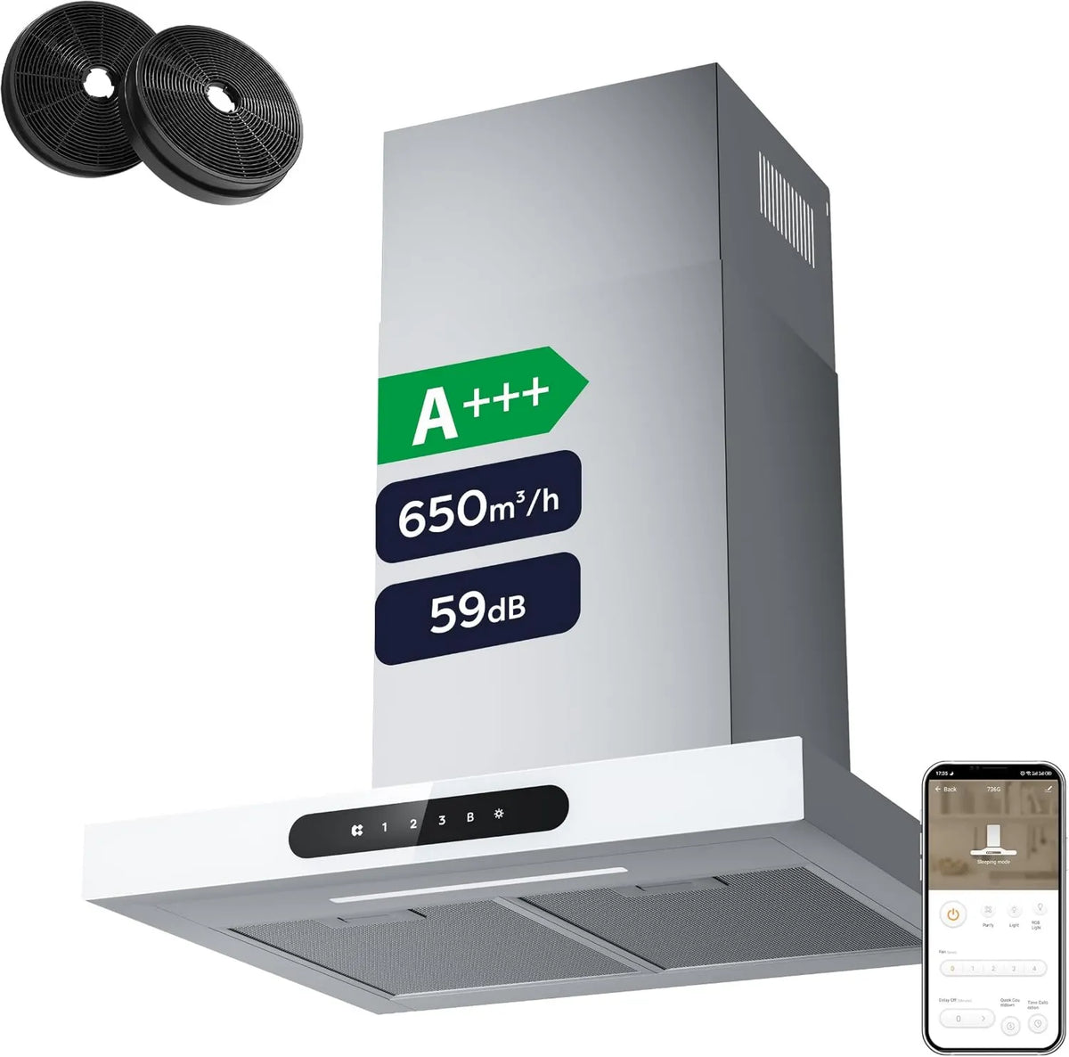CIARRA CBCW6102 exaustor, 60cm, 650m3/h, classe energética A, capa de cozinha, evacuação e reciclagem, Boost, toque, Wi-Fi
