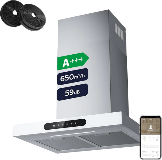 CIARRA CBCW6102 exaustor, 60cm, 650m3/h, classe energética A, capa de cozinha, evacuação e reciclagem, Boost, toque, Wi-Fi