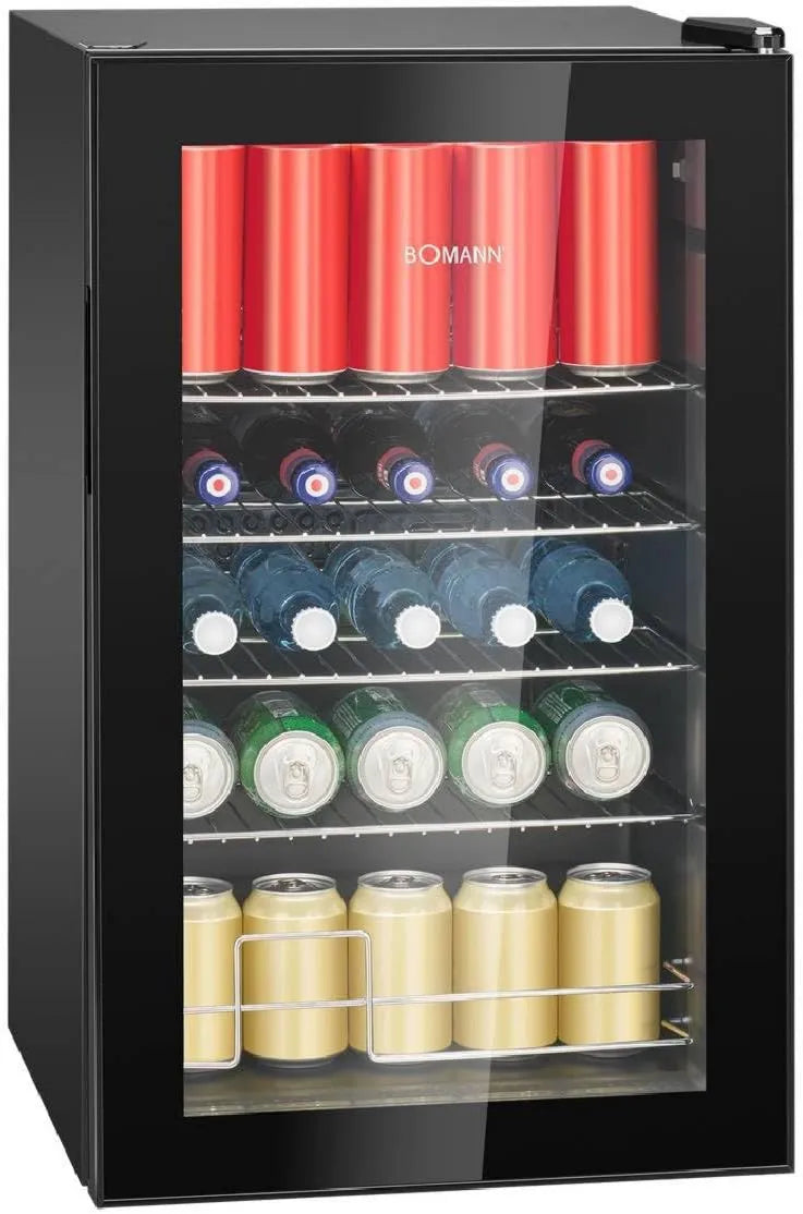 Bomann Frigorífico, 63 L, iluminação LED, 2 zonas de temperatura, preto, 4 prateleiras de cromo, regulação de temperatura +3 a +10 °C, porta de vidro duplo