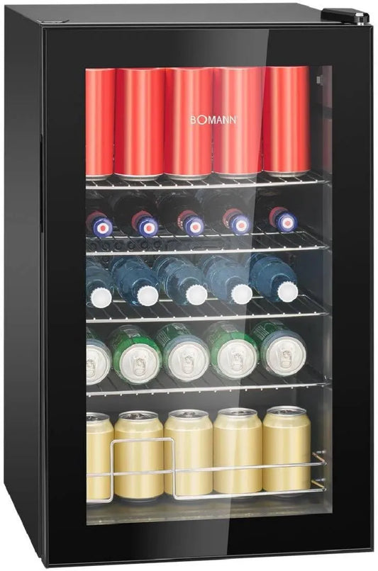 Bomann Frigorífico, 63 L, iluminação LED, 2 zonas de temperatura, preto, 4 prateleiras de cromo, regulação de temperatura +3 a +10 °C, porta de vidro duplo
