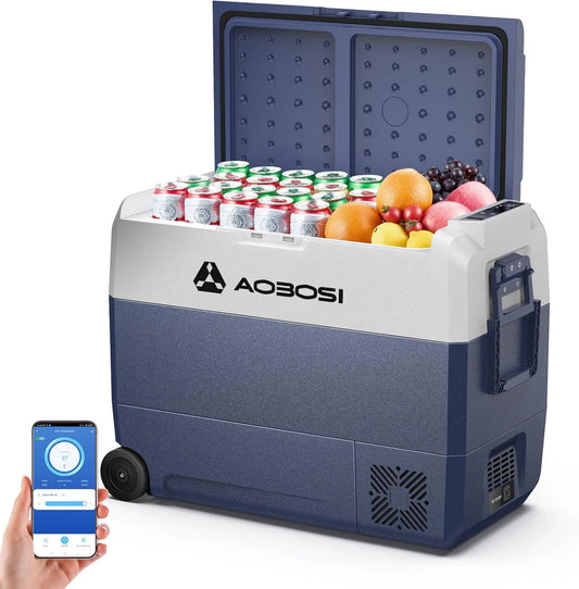 Produto com APP, AAOBOSI 60L Compressão Glaciere, -20°C a 20°C, 12V 230V, 12V 24V 230V AC, APP Control, Iluminação LED, com rodas e alça