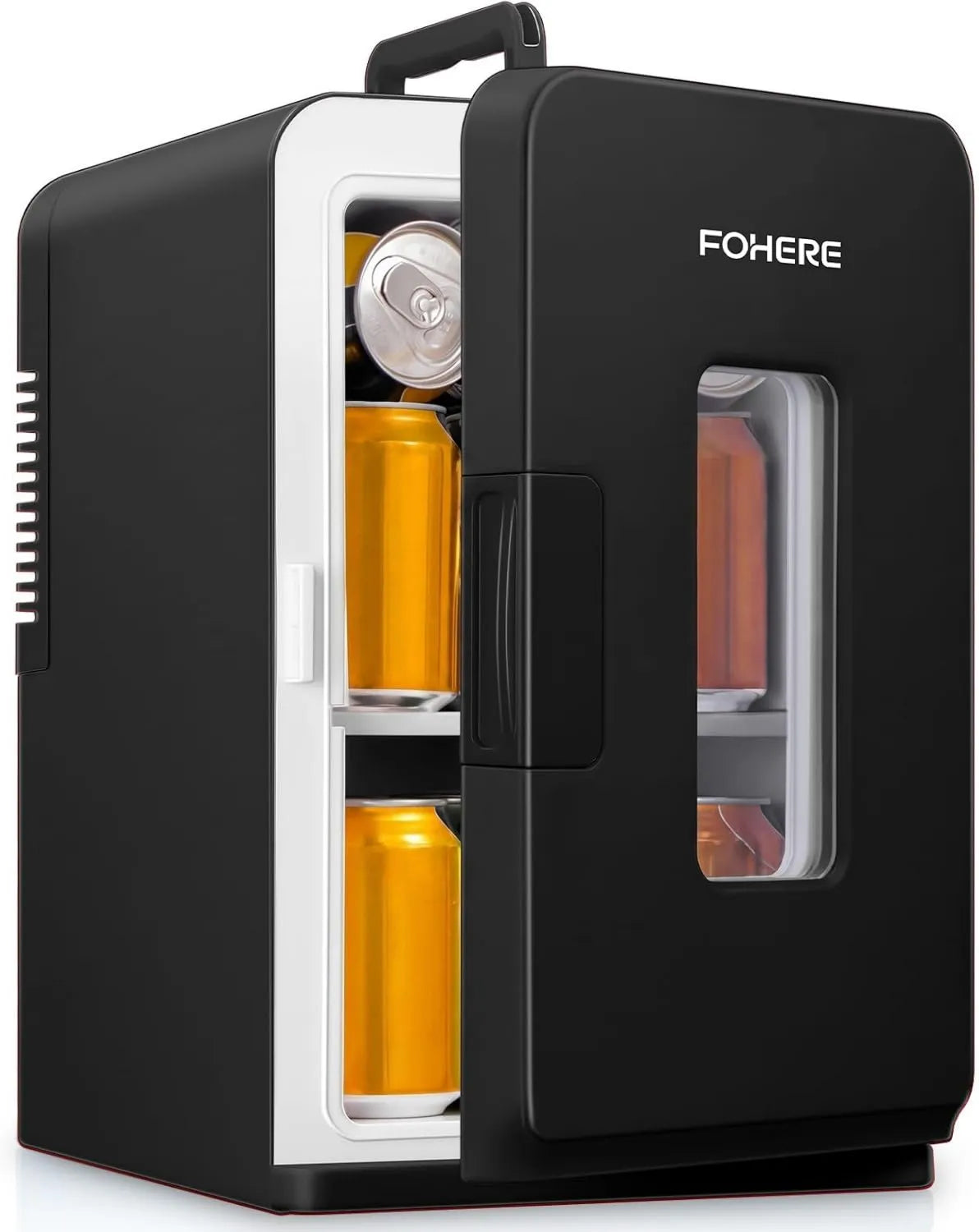 Frigorífico 15L/21 240V/12V, 15 L, 240 V, portátil, silencioso, preto, FOHERE Mini quarto frigorífico 15L/21 Latas, Função quente, Frigorífico
