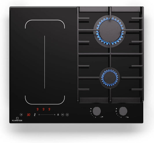 KLARSTEIN 7Kw Placa de indução, 58, 5Cm, 4 lareiras, mesa de cozinha de indução, área flexível, temporizador, ferro fundido, preto, Flexzone, 4 zonas, 2 gases e 2