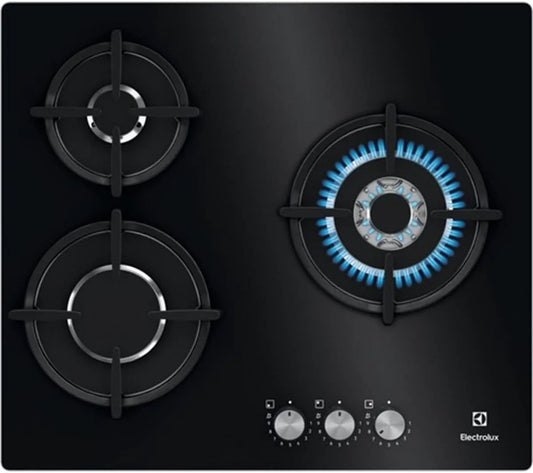 Electrolux KGE6633NOK placa de gás, 60 cm, 3 lareiras, placa de gás, preto, área Wok, controlos dianteiros, calor instantâneo, ignição