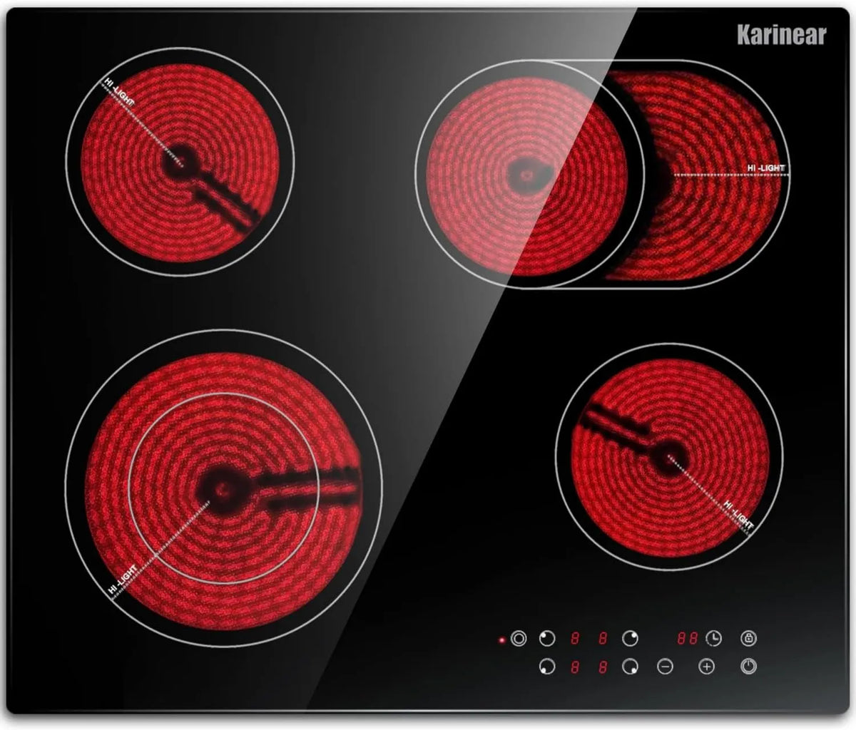 Karinear Placa de vidro cerâmico, 60CM, 4 lareiras, 6600 W, área recrescível, flexível, toque, temporizador, 6600W, trava de segurança