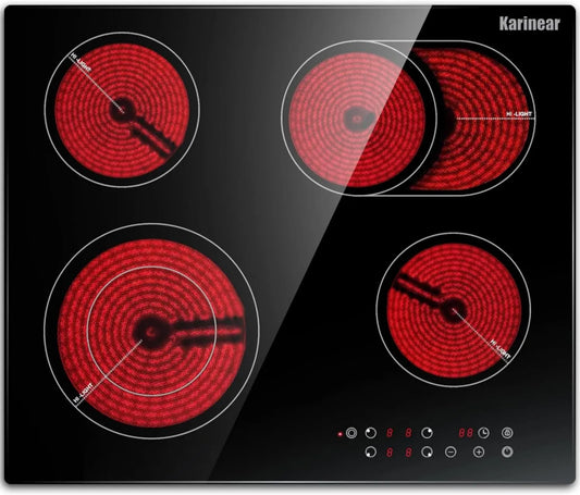 Karinear Placa de vidro cerâmico, 60CM, 4 lareiras, 6600 W, área recrescível, flexível, toque, temporizador, 6600W, trava de segurança